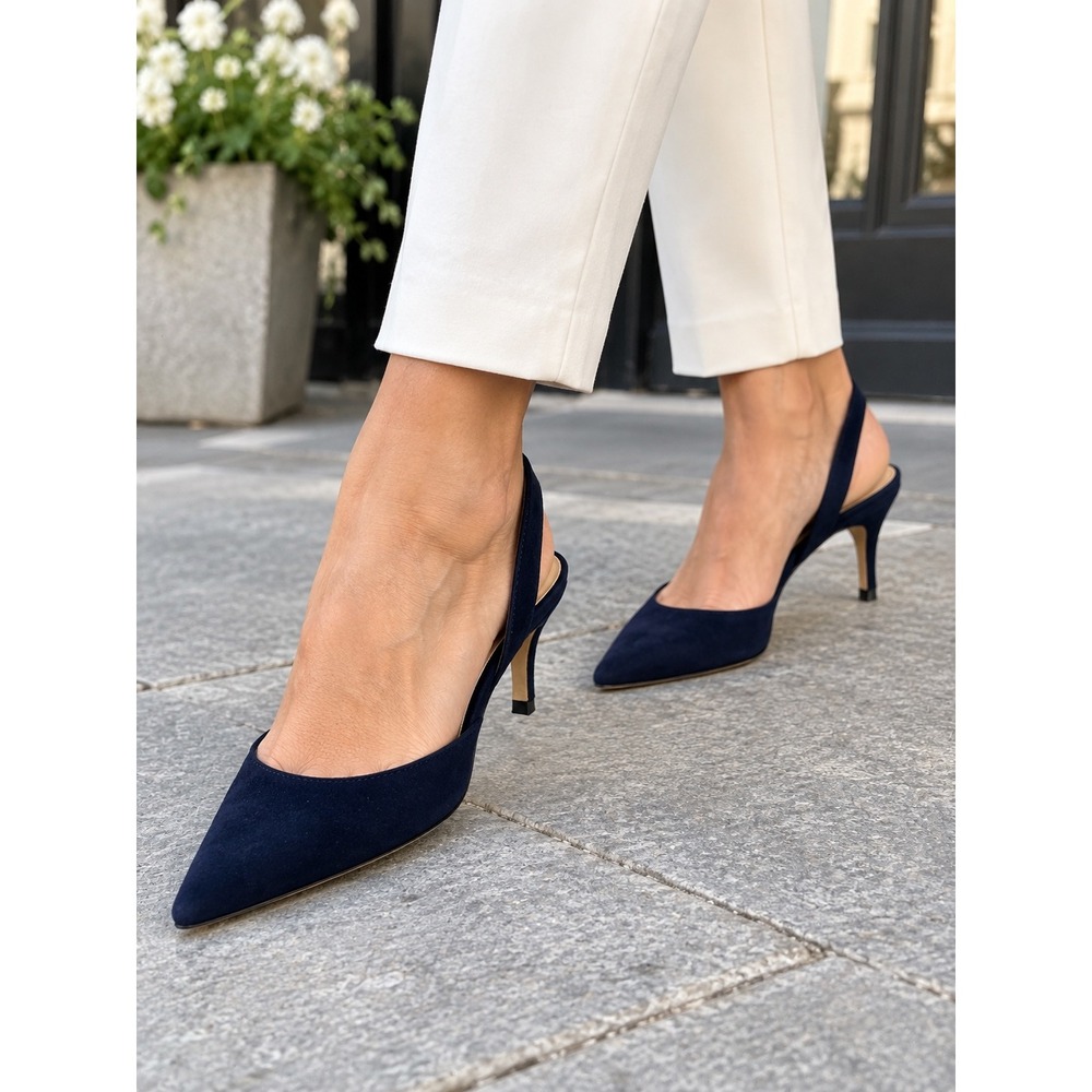 Manolo Blahnik Carolyne Navy Blue Suede Slingback Pumps Pointed Toe Size 38